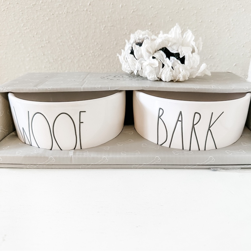Rae Dunn WOOF & BARK Ivory
Ceramic Dog Pet Food Water Large
Bowl Set 6" NIB